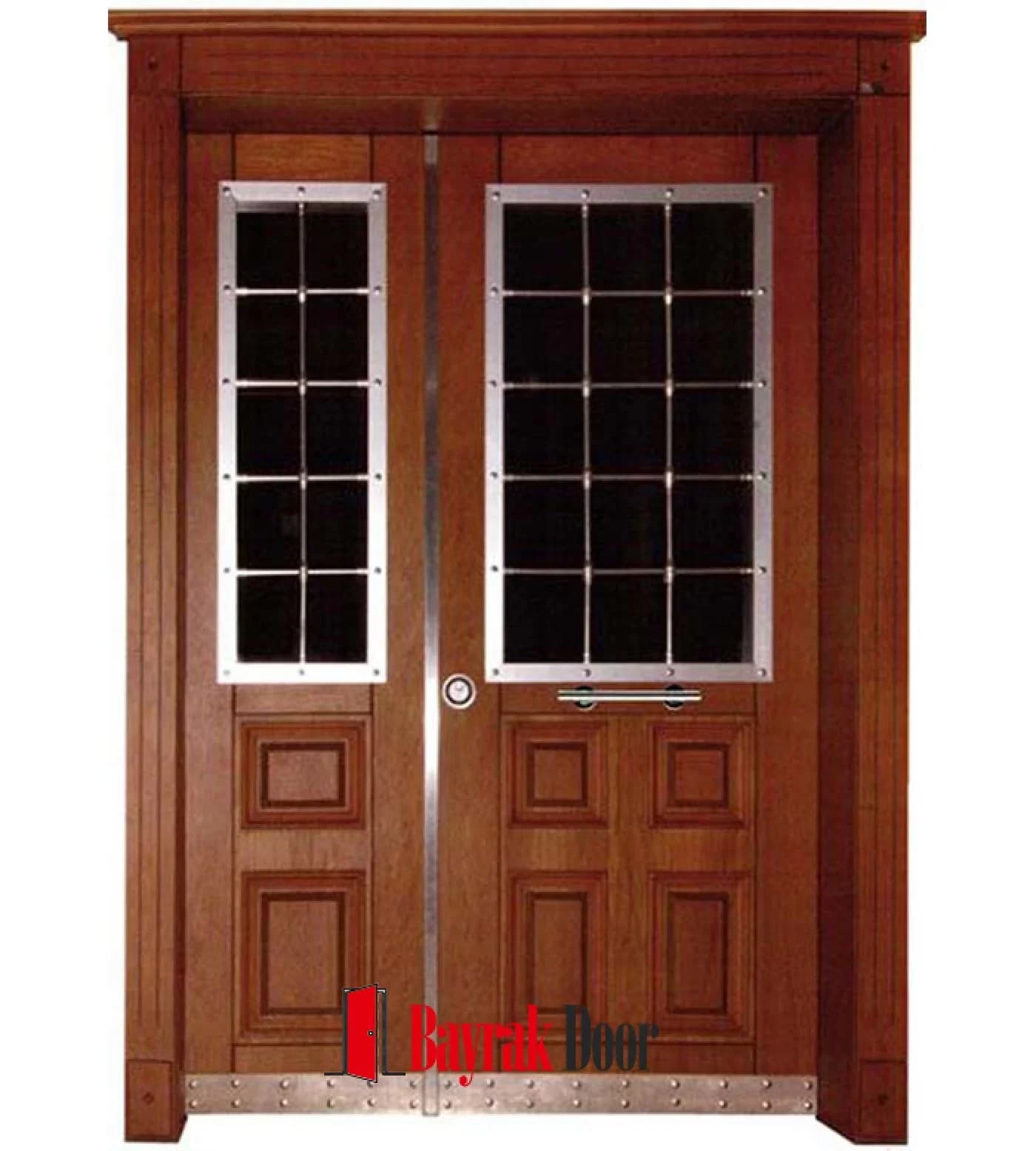 Panel Classic Walnut Building Entrance Door TR513 — Classic walnut paneled body, grid-divided glass and riveted stainless steel detailing