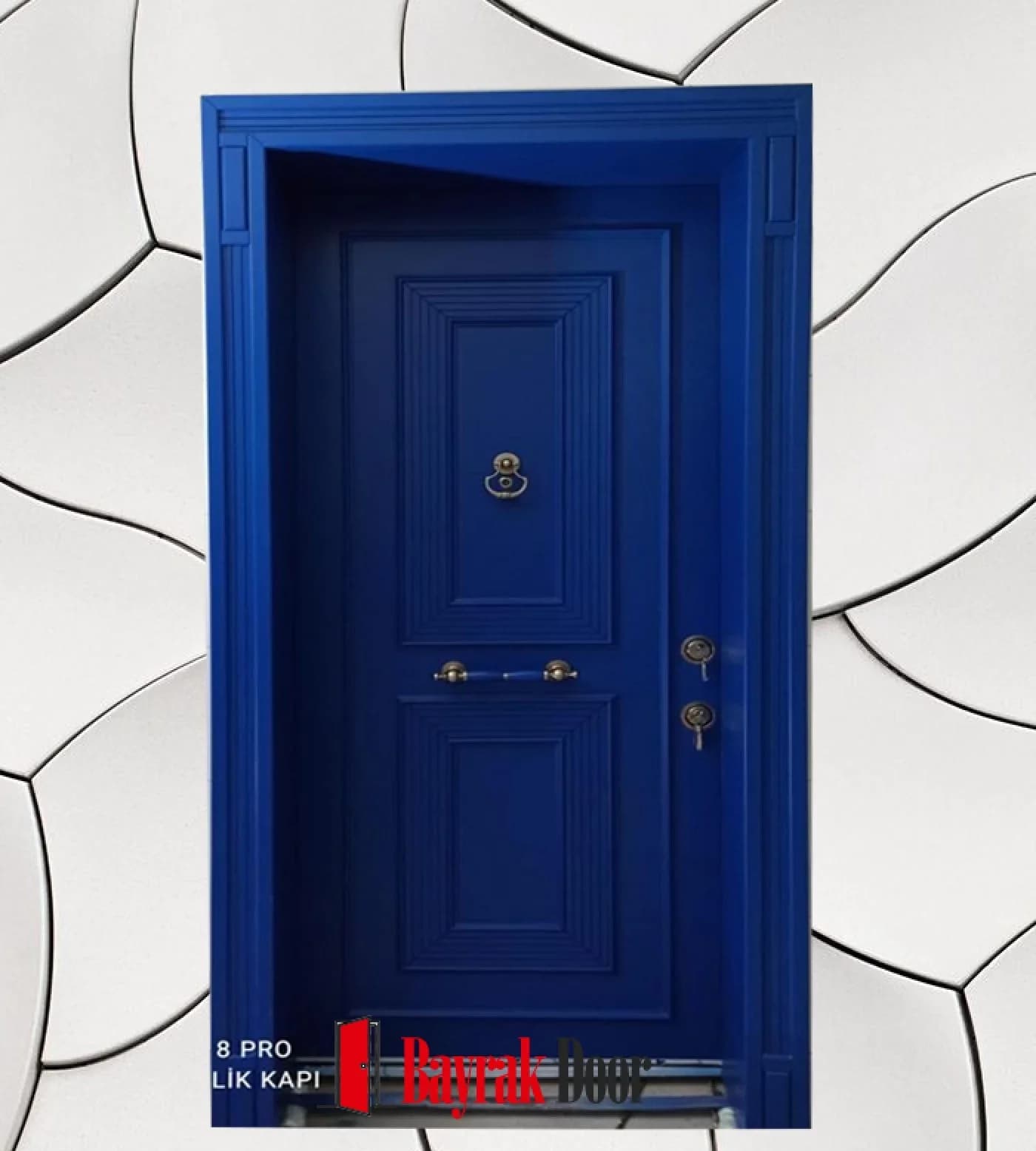 Paneled Cobalt Blue Villa Door BD-TR30 — Cobalt blue classic panels with an antique gold knocker and handle set