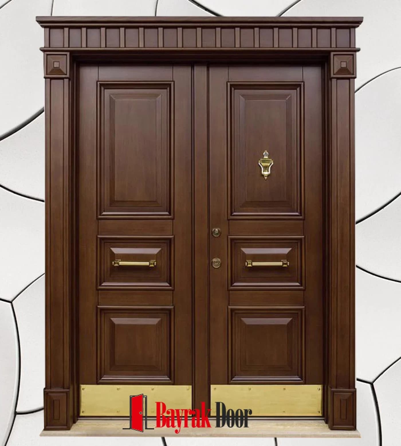 Paneled Dark Walnut Villa Door BD-TR14 — Dark walnut double leaf with a pedimented frame, panels and gold plate details