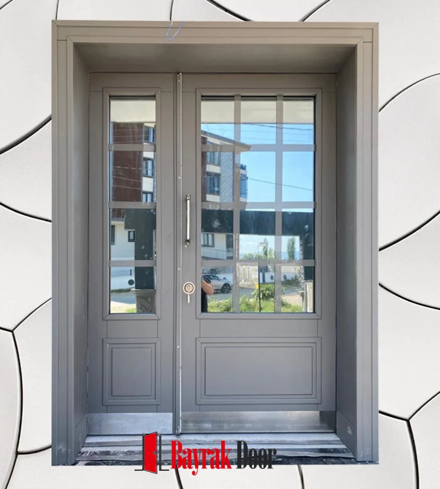 Paneled Grey Beige Villa Door BD-TR32 — Grey beige double leaf with divided glass above and panels below