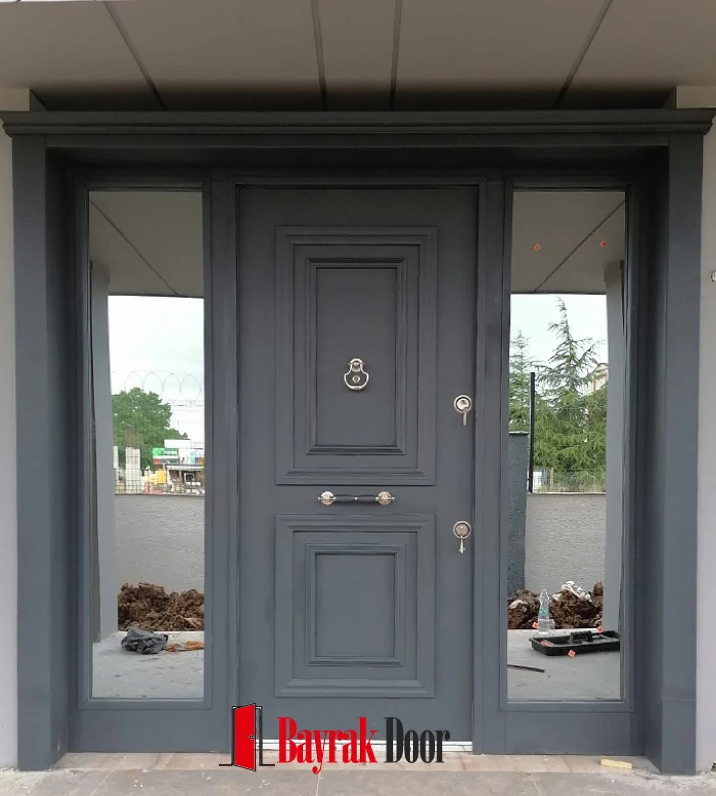 Paneled Grey Villa Door BD-TR27 — Grey classic paneled villa door with wide sidelights on either side
