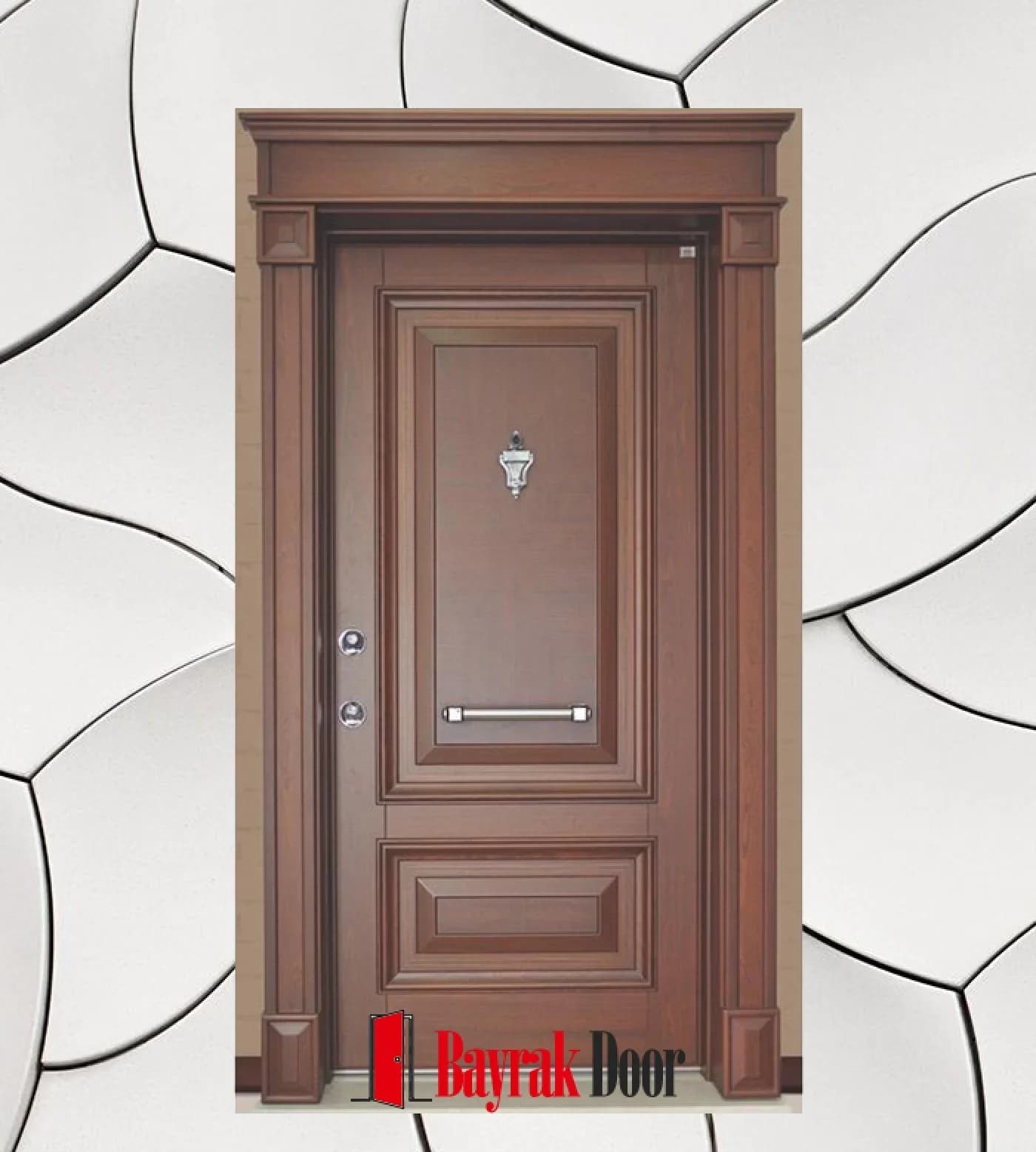 Paneled Light Brown Beige Steel Door C-TR710 — Classic columned frame in light beige tones with a two-section panel