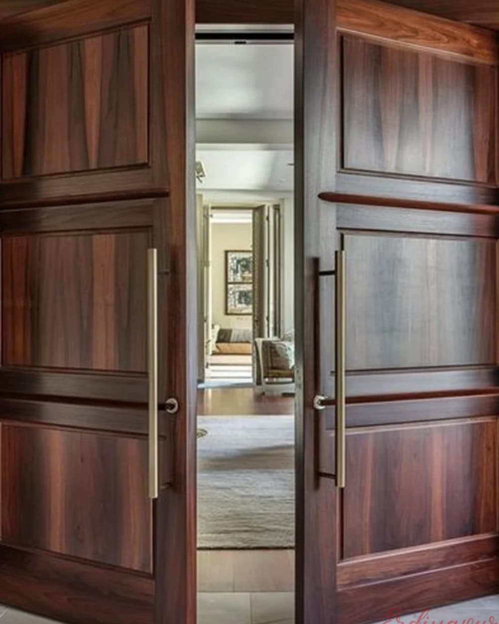 Red Walnut Double Leaf Pivot Door with Panels — product code BY-236