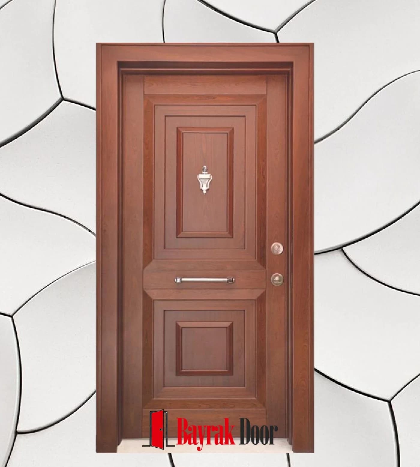 Paneled Red Walnut Steel Door C-TR707 — Classic red walnut panel with a gold lantern-shaped knocker