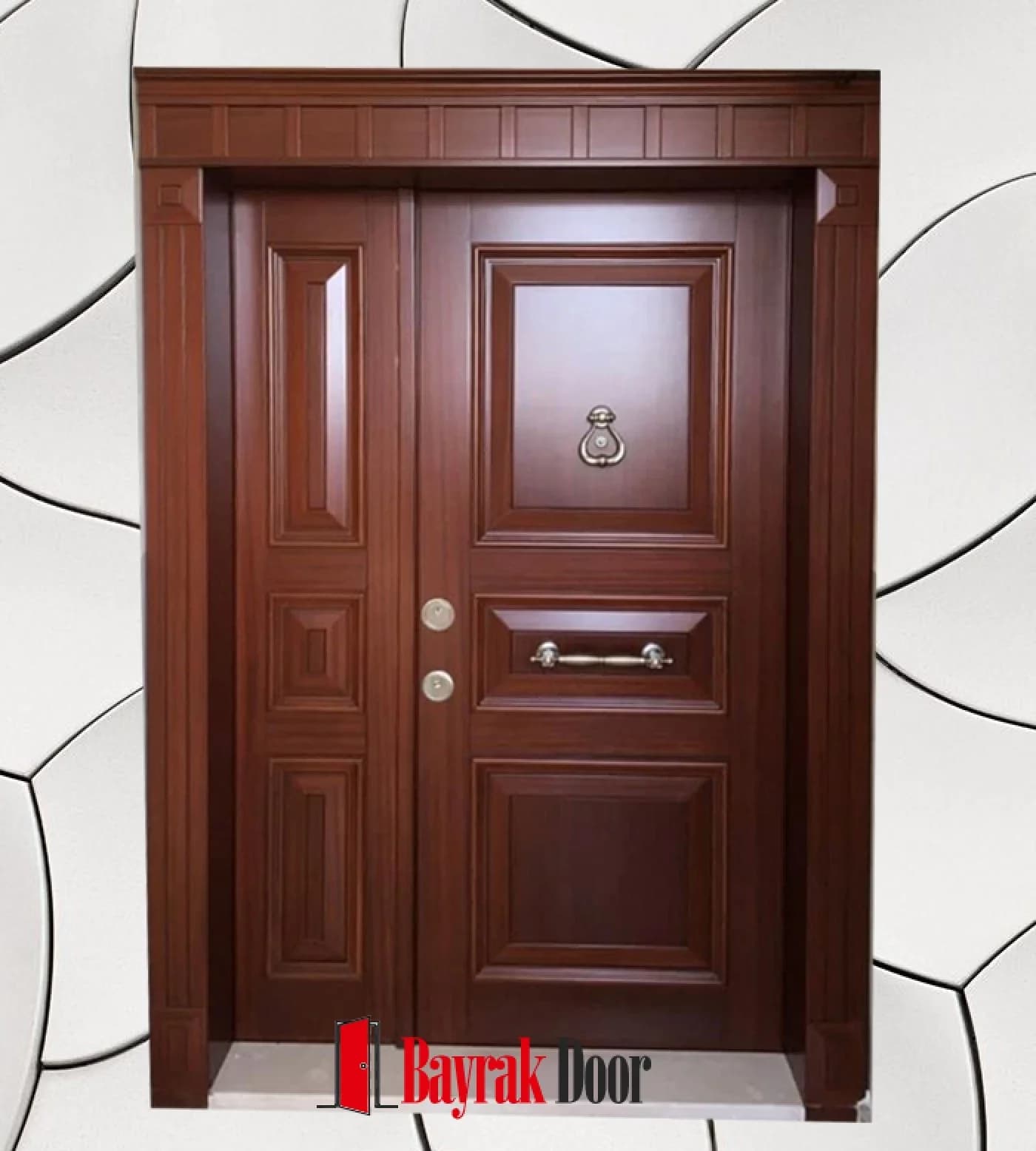 Paneled Red Walnut Villa Door BD-TR33 — Red walnut paneled leaf with a narrow fixed leaf alongside