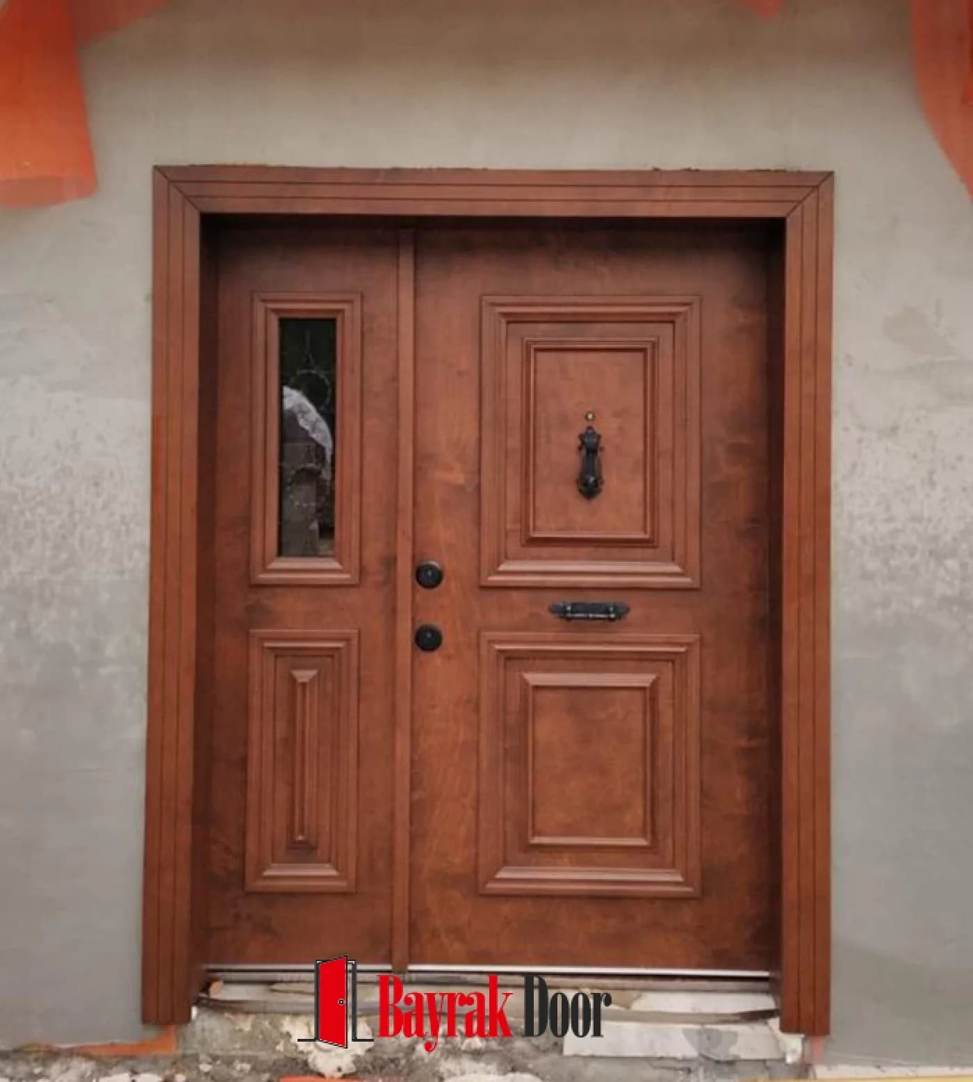 Paneled Red Walnut Villa Door BD-TR96 — Red walnut paneled leaf with a black knocker and a recessed letter slot