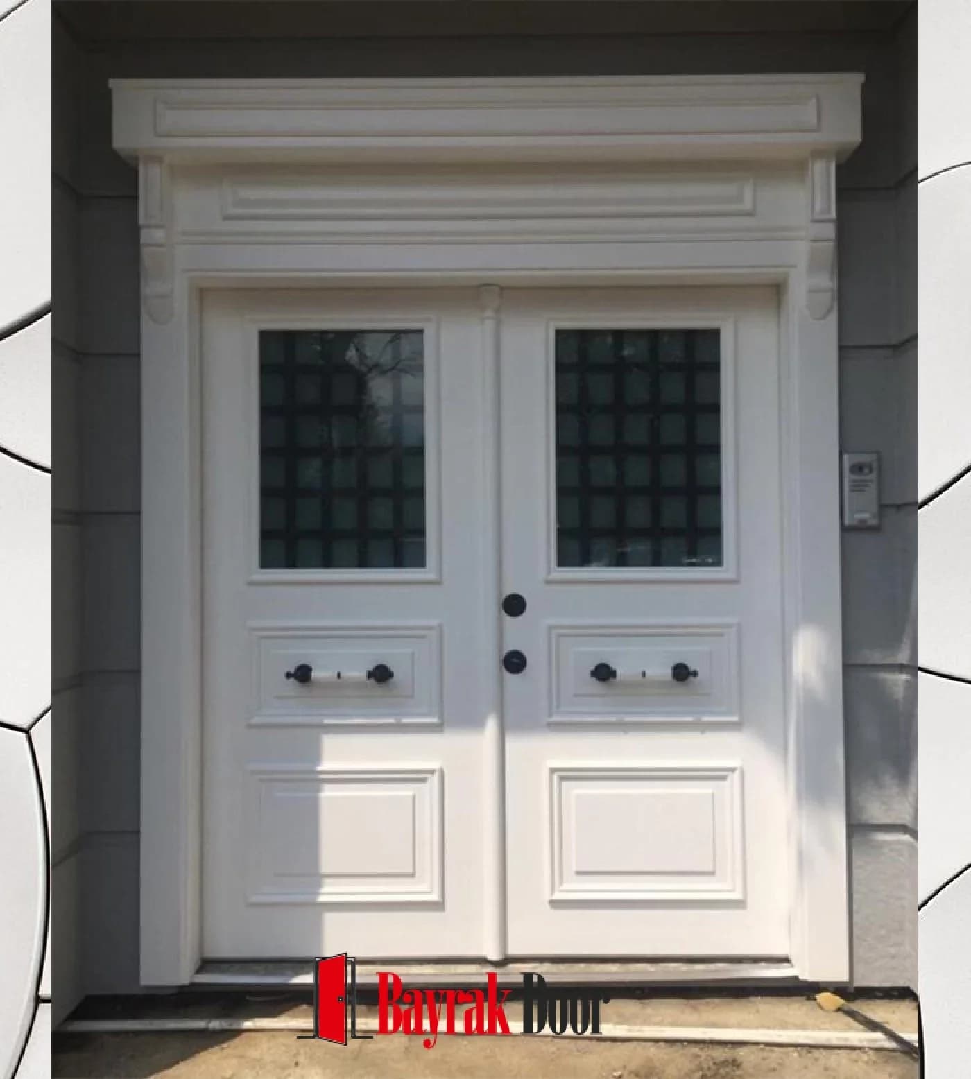 Panel White Villa Door BD-TR105 — White double leaf with grid-divided glass and a classic frame with dentil cornice