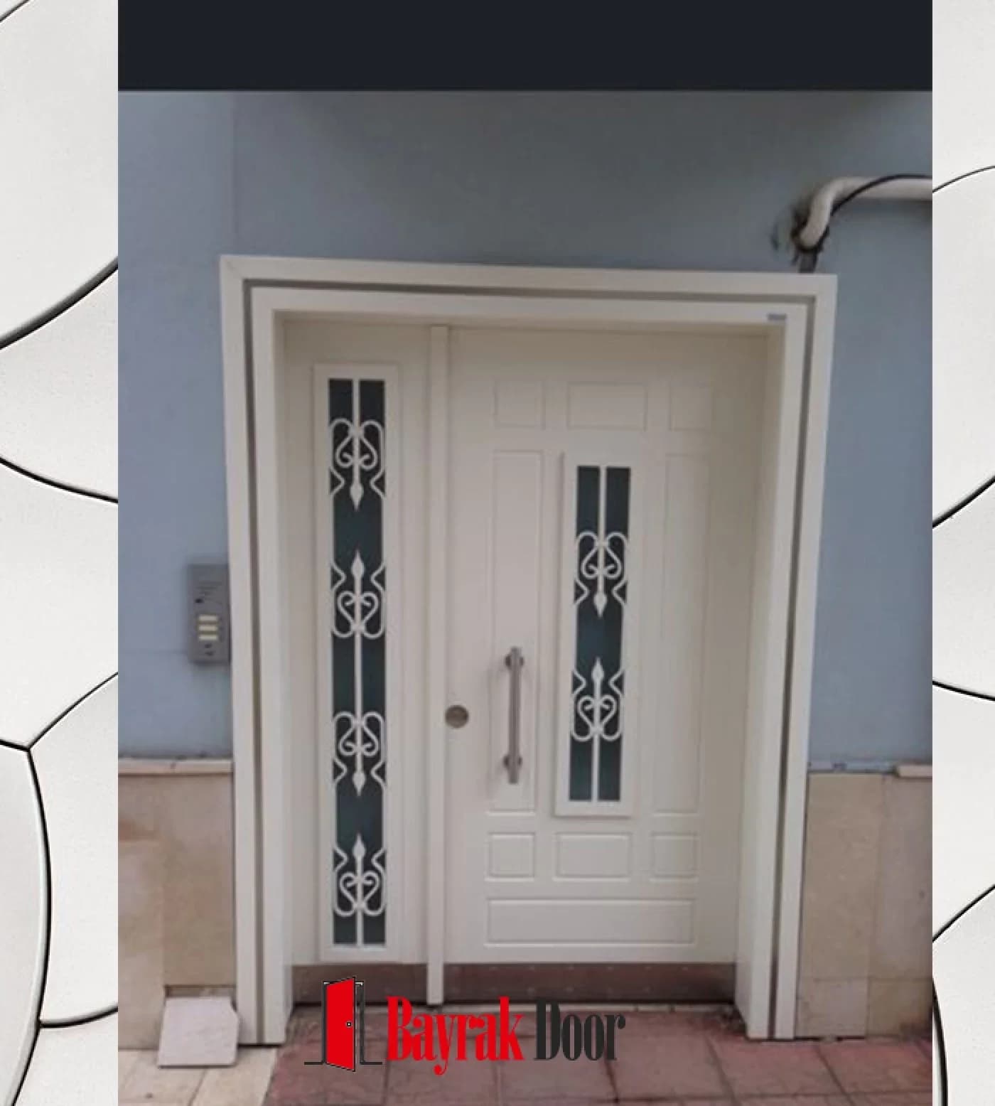 Paneled White Villa Door BD-TR126 — White wrought iron scrollwork over black glass in vertical panes on a white body