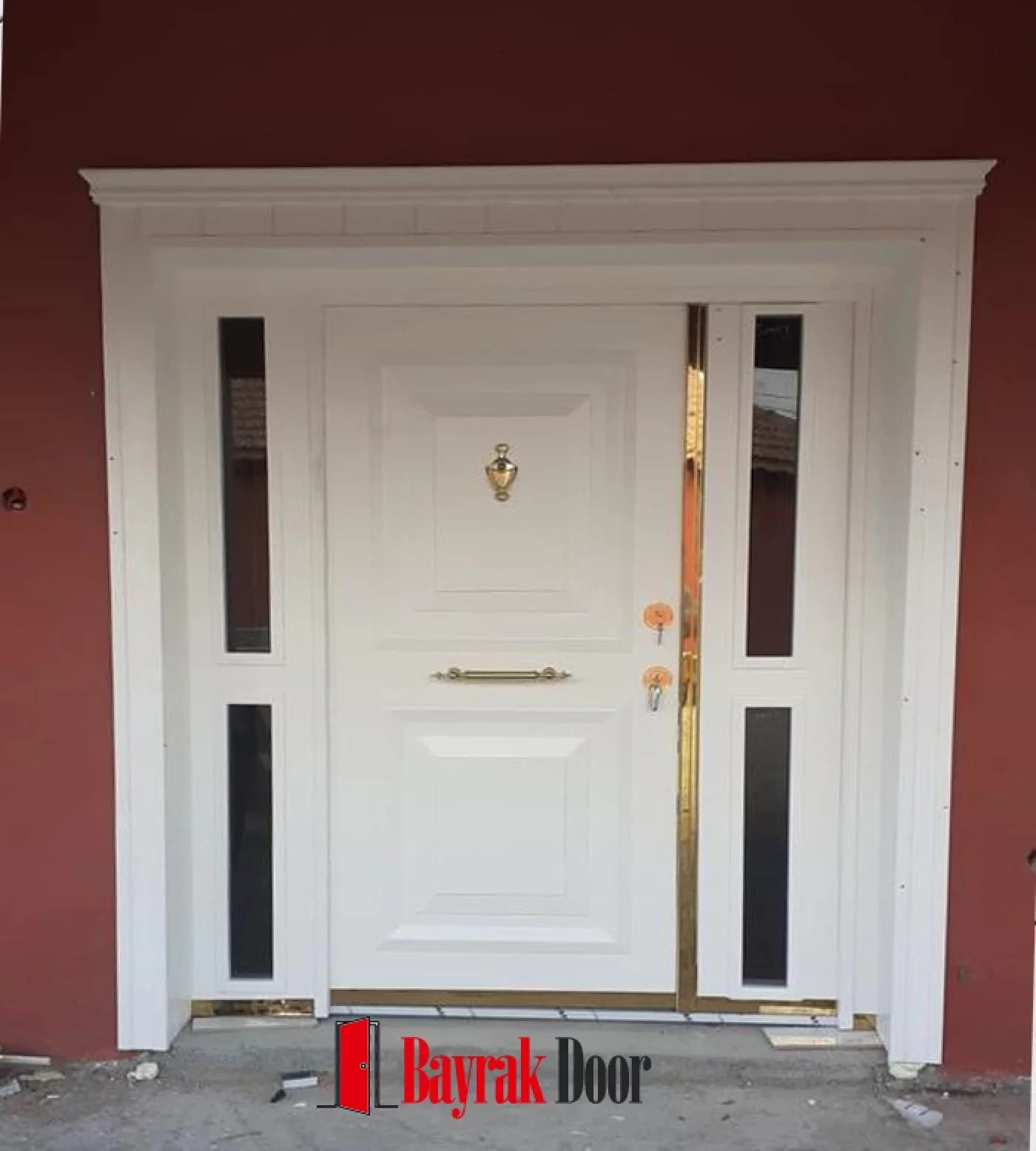 Paneled White Villa Door BD-TR68 — White paneled leaf with gold trim and black vertical glass strips