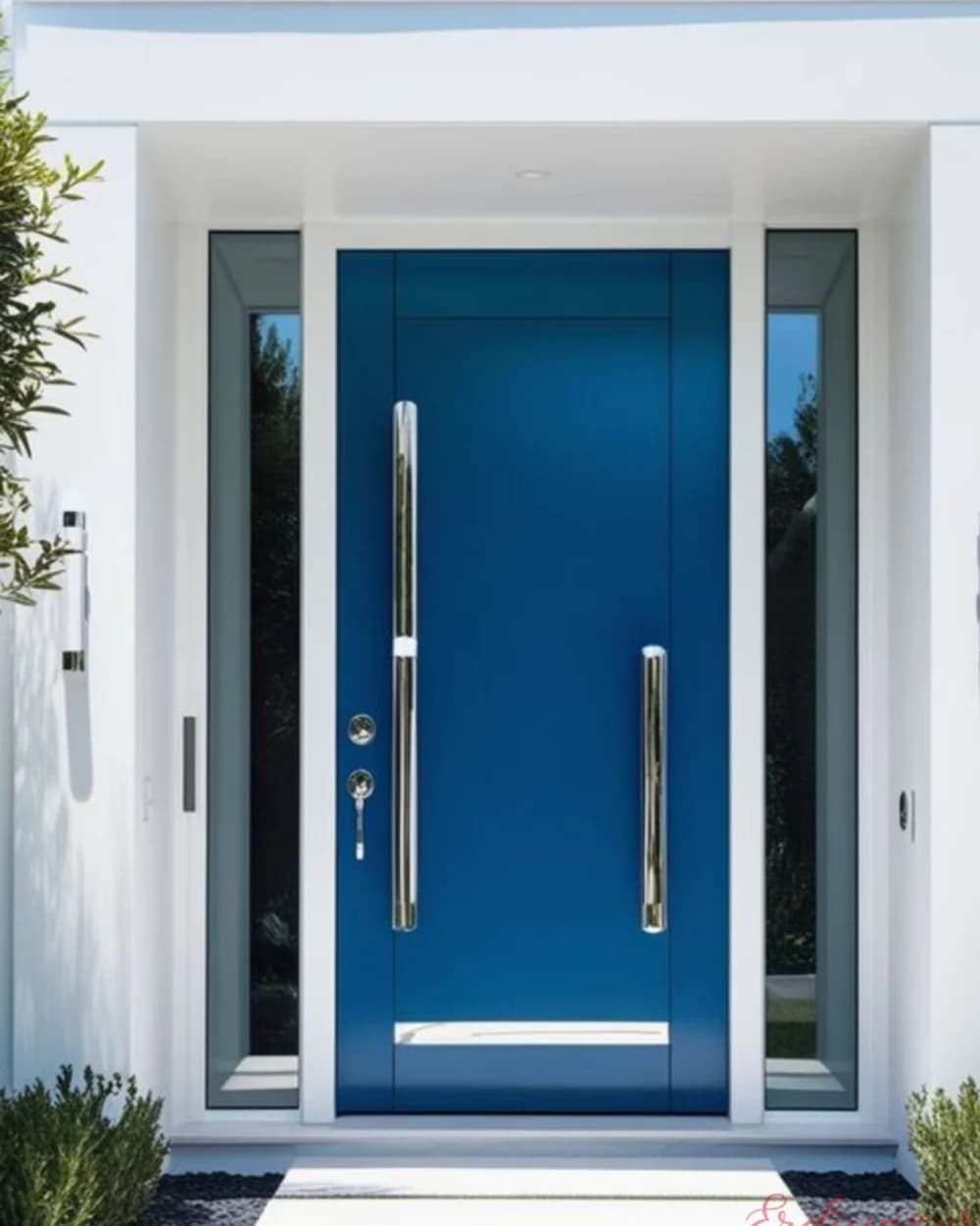 Petrol Blue Pivot Door with Twin Handles and Sidelight — product code BY-102