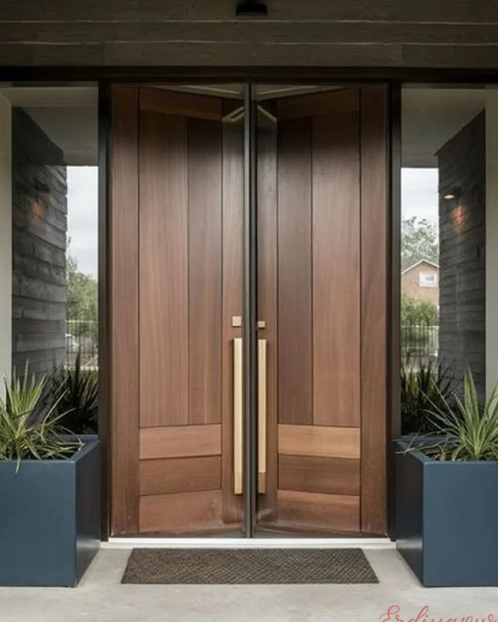 Red Walnut Double Leaf Pivot Villa Door with Gold Handles — product code BY-314