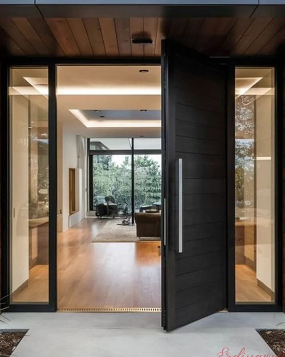 Anthracite Pivot Door with Sidelight at a Wood-Ceilinged Entrance — product code BY-230