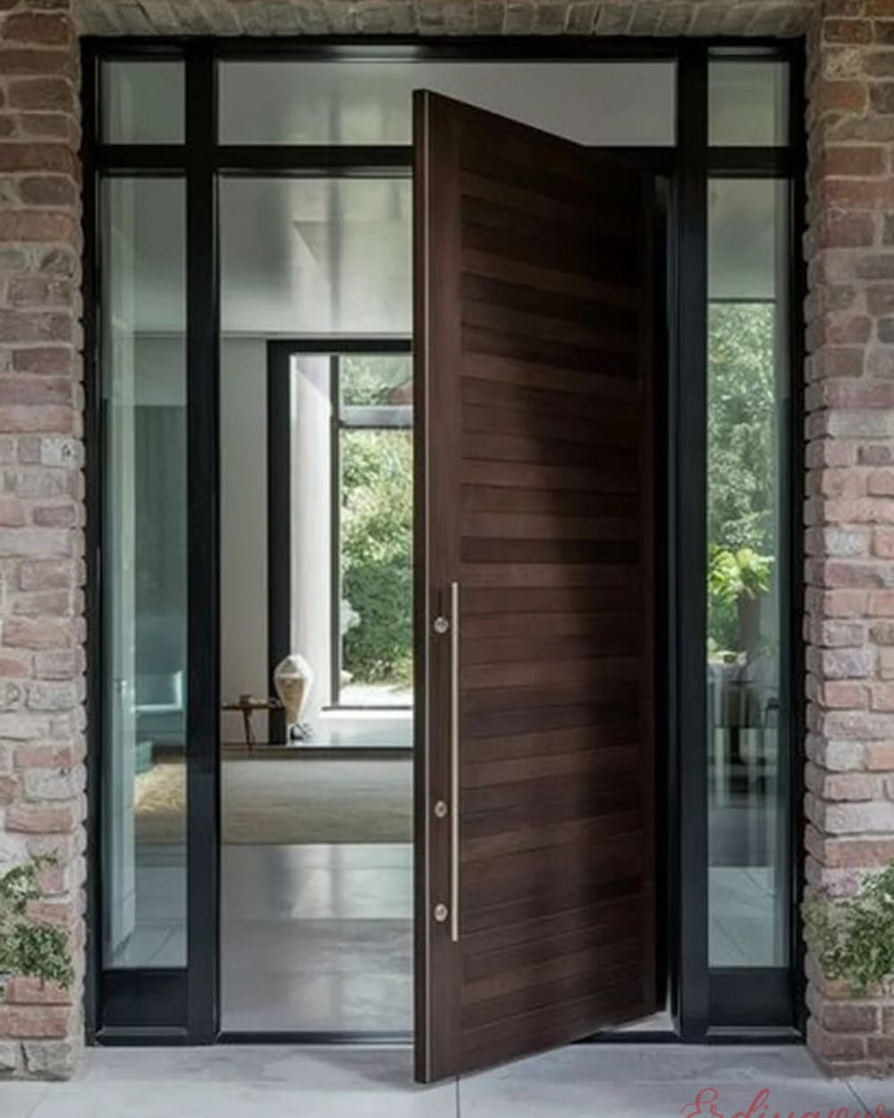 Dark Walnut Pivot Door with Sidelight on a Brick Facade — product code BY-171