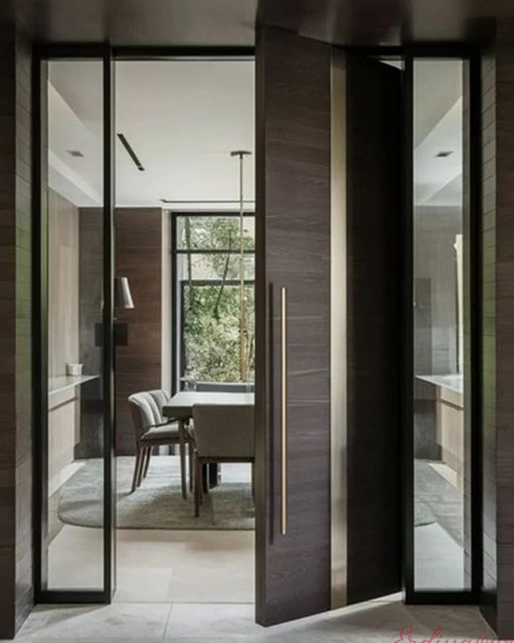 Dark Walnut Pivot Door with Sidelight and Long Handle — product code BY-297