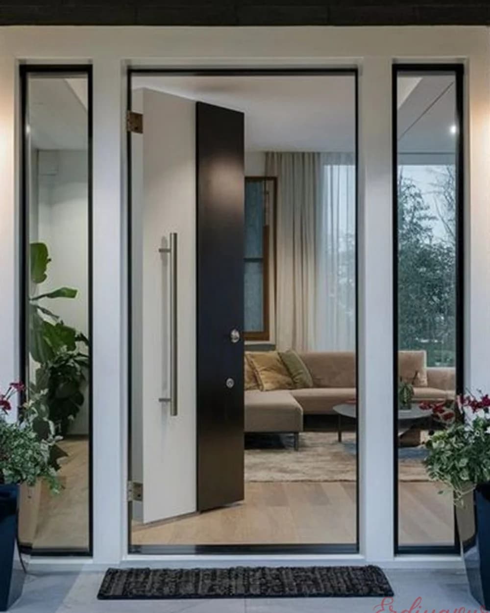 Dark Walnut Pivot Door with Sidelight and White Frame — product code BY-284