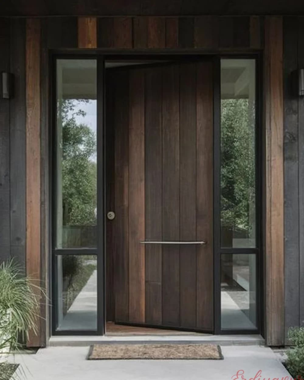 Dark Walnut Pivot Villa Door with Sidelight on a Wood Facade — product code BY-285