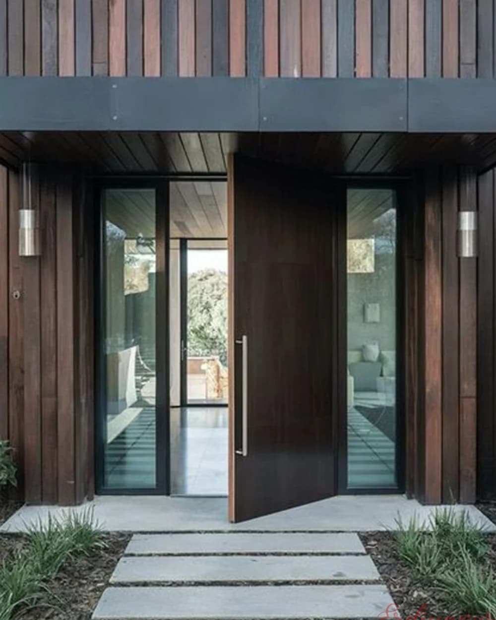 Walnut Pivot Villa Door with Sidelight on a Wooden Facade — product code BY-175