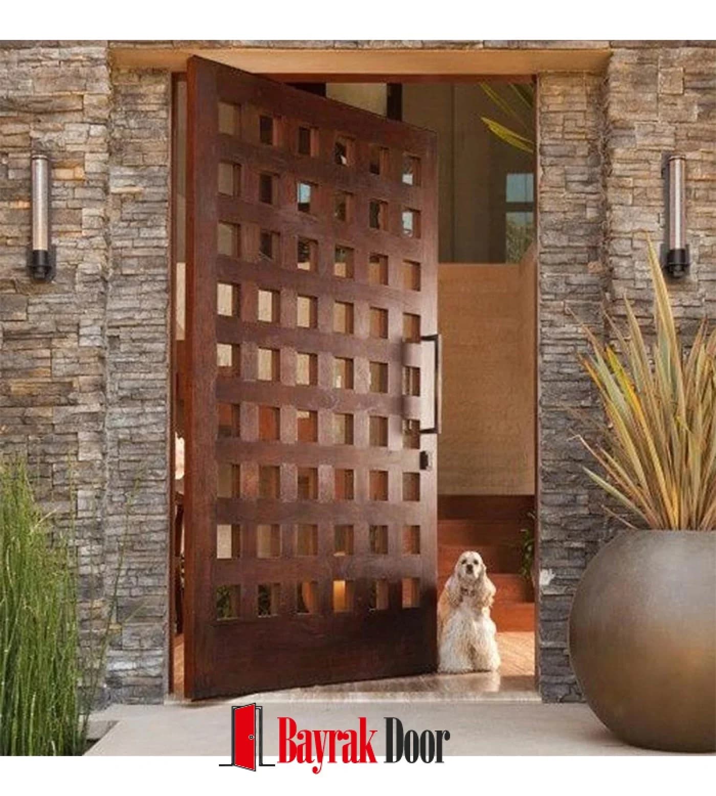 Square Perforation Dark Walnut Pivot Steel Door TR335 — Dark walnut pivot leaf filtering light through a square perforated grid pattern