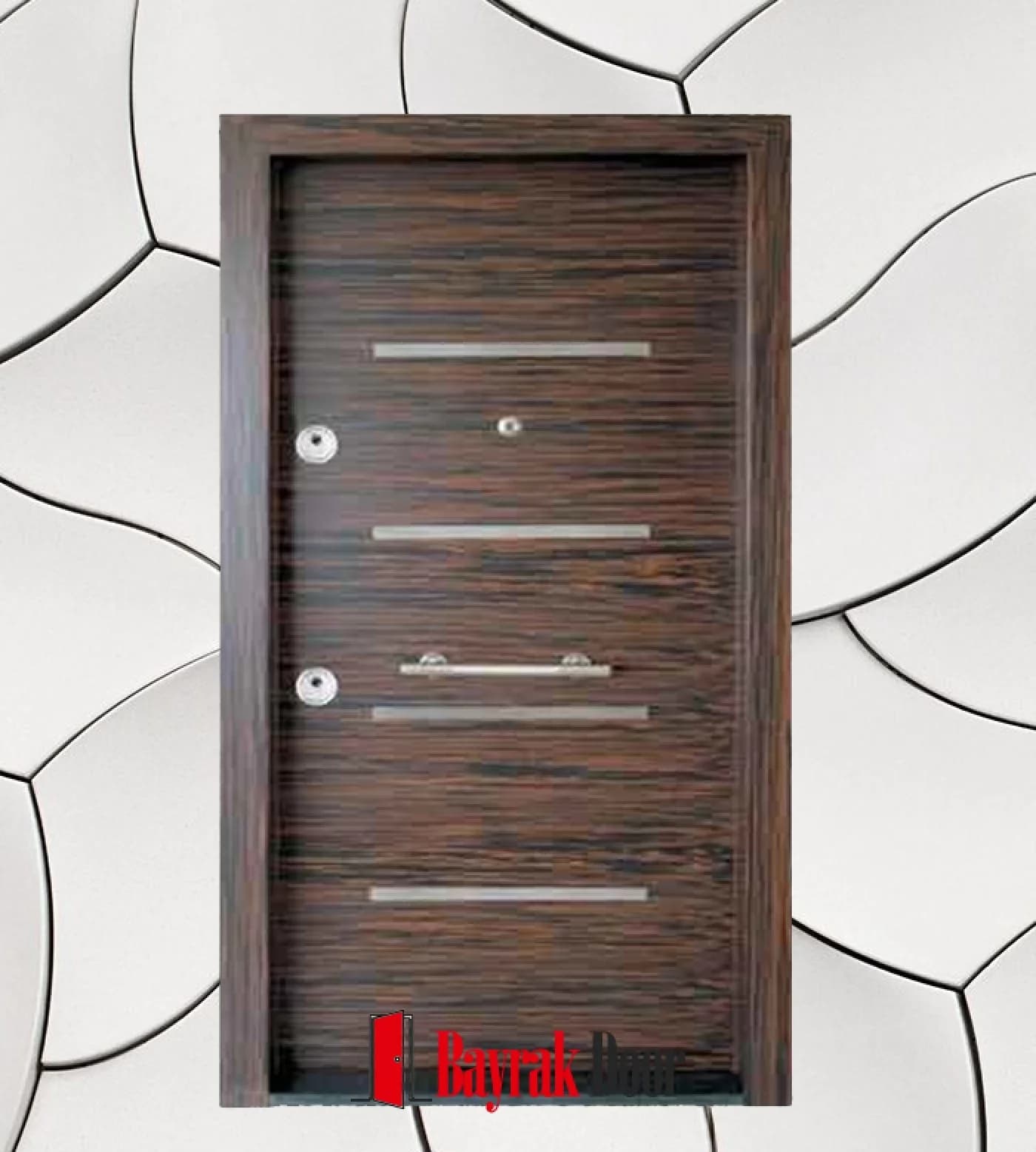 Broken Horizontal Dark Zebrano Steel Door C-TR703 — Offset broken stainless steel bars on a dark zebrano wood grain face