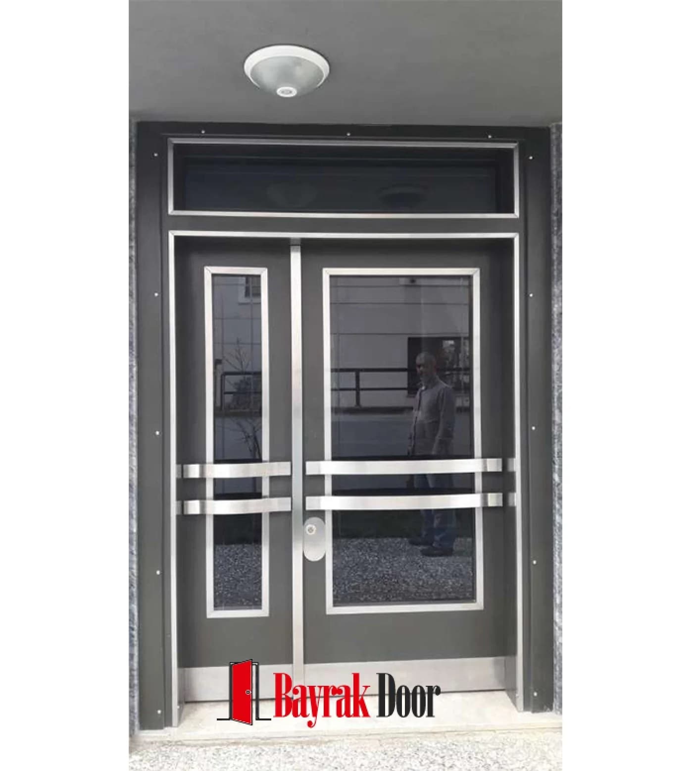 Stainless Steel Frame Anthracite Grey Building Entrance Door TR523 — Minimal anthracite grey body with wide stainless steel framed glass and a transom above