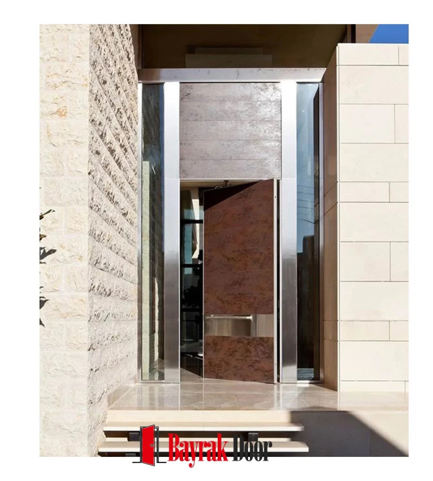 Stainless Steel Framed Brown Wood Pivot Steel Door TR324 — Brown wood pivot leaf with a stainless steel frame set in a stone facade