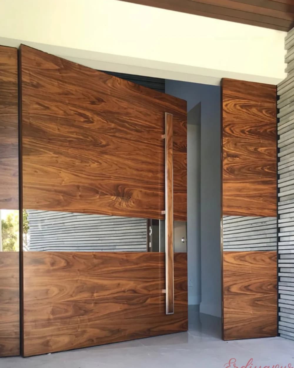 Walnut Double-Leaf Pivot Door with Steel Banding — product code BY-88