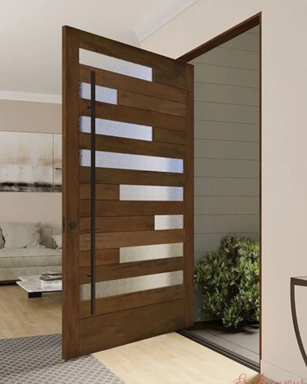 Walnut Pivot Door with Stepped Glass Insets — product code BY-123