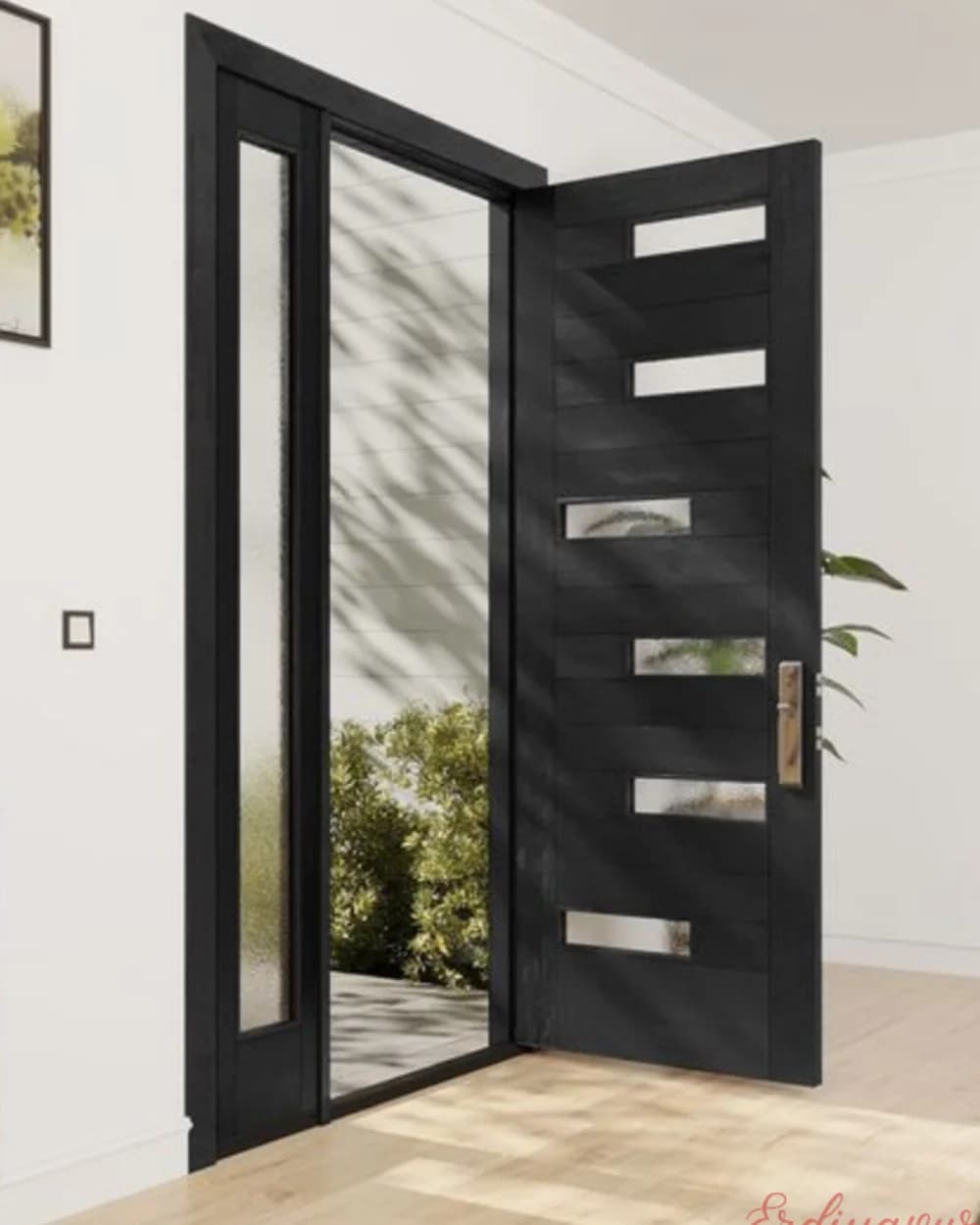 Black Pivot Door with Stepped Glass Panels — product code BY-75