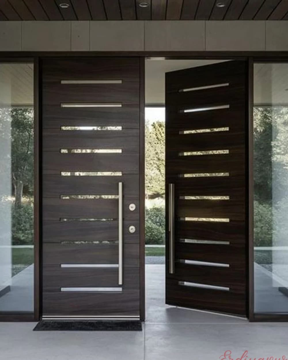 Dark Walnut Double Leaf Pivot Door with Stepped Glass Strips — product code BY-268