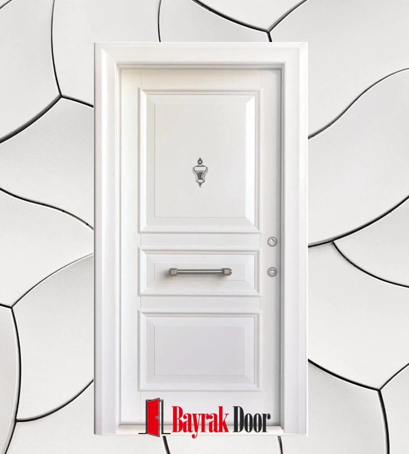 Three-Section Paneled White Steel Door C-TR713 — White three-section panel with a silver knocker and stainless steel handle