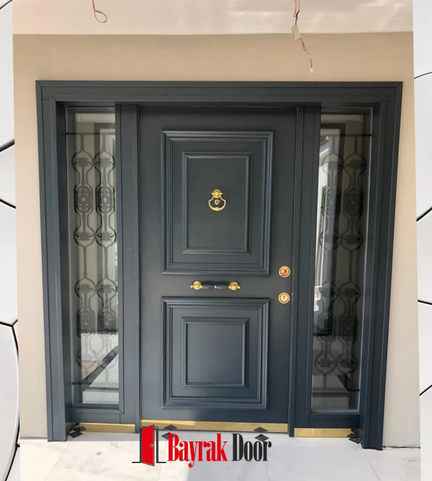 Two-Panel Anthracite Grey Villa Door BD-TR75 — Anthracite paneled leaf with wrought iron worked glass on either side