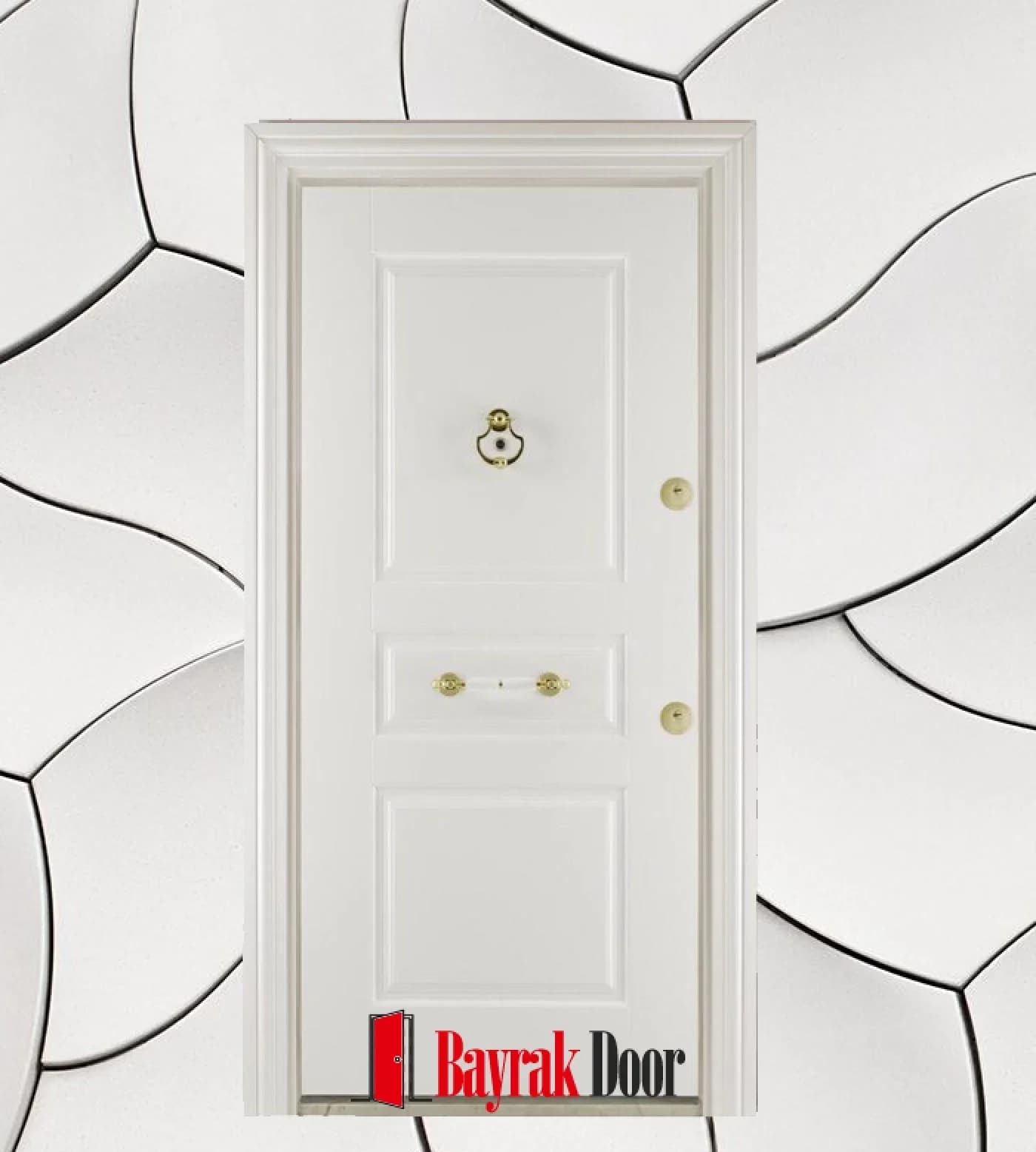 Two-Section Paneled White Steel Door C-TR715 — White two-section panel with a gold knocker and gold handle