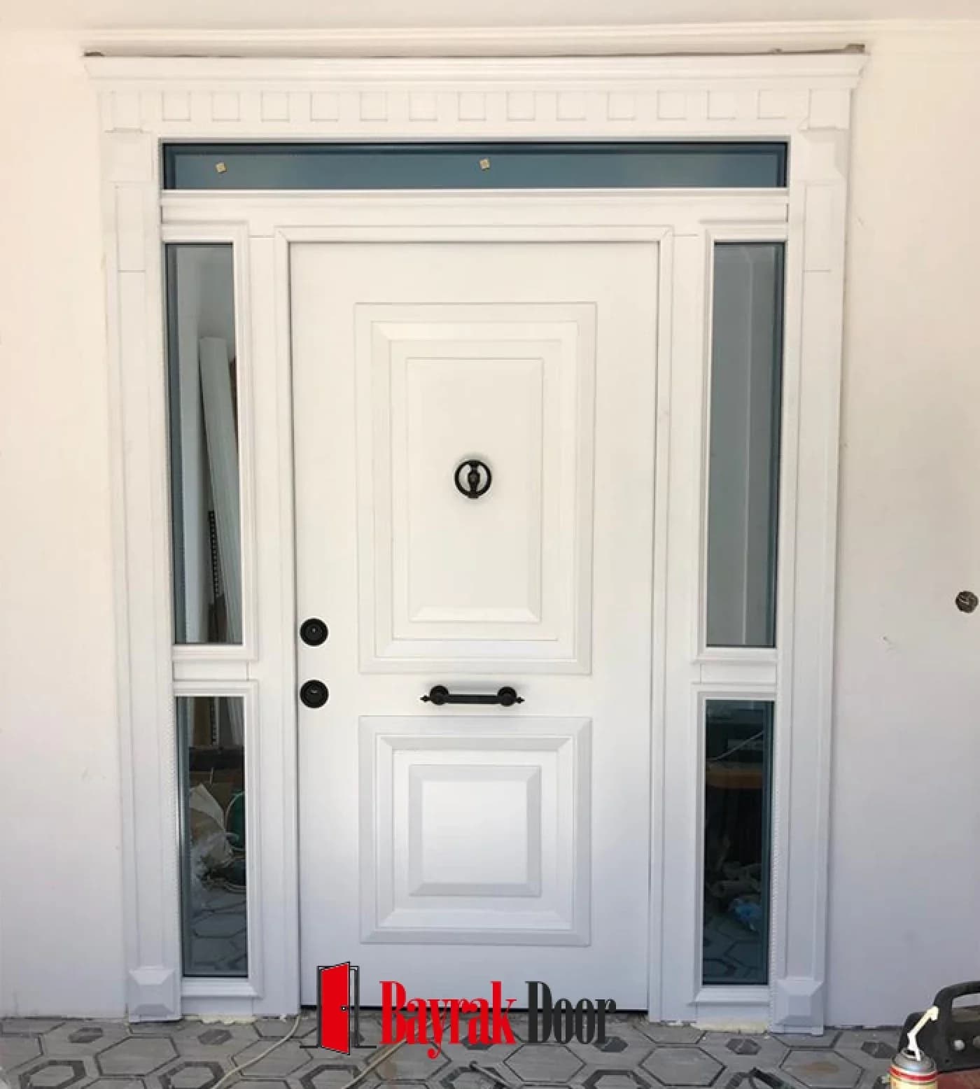 Two-Panel White Villa Door BD-TR87 — White paneled leaf with a dentil cornice frame and a glazed top section