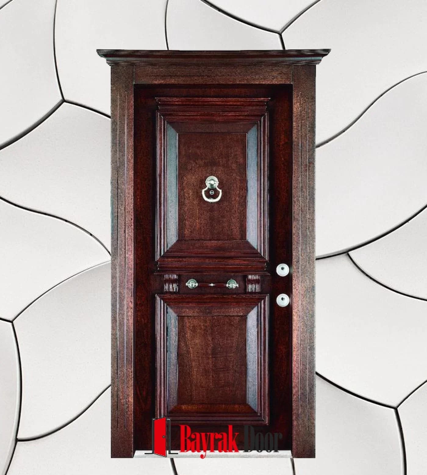 Two-Section Paneled Distressed Dark Walnut Steel Door C-TR729 — Distressed dark walnut face, pedimented frame and a two-section panel