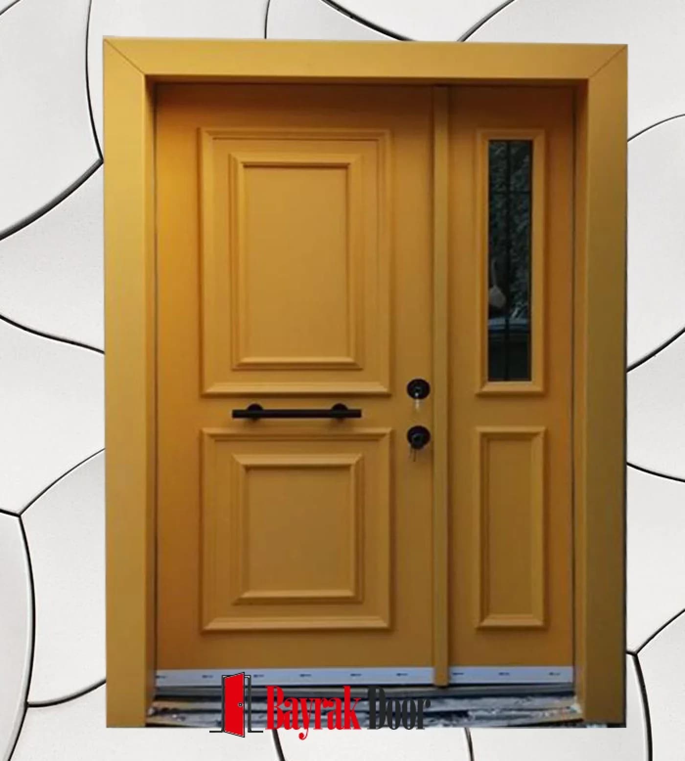 Two-Panel Mustard Yellow Villa Door BD-TR58 — Mustard yellow two-section panels set off by a black handle
