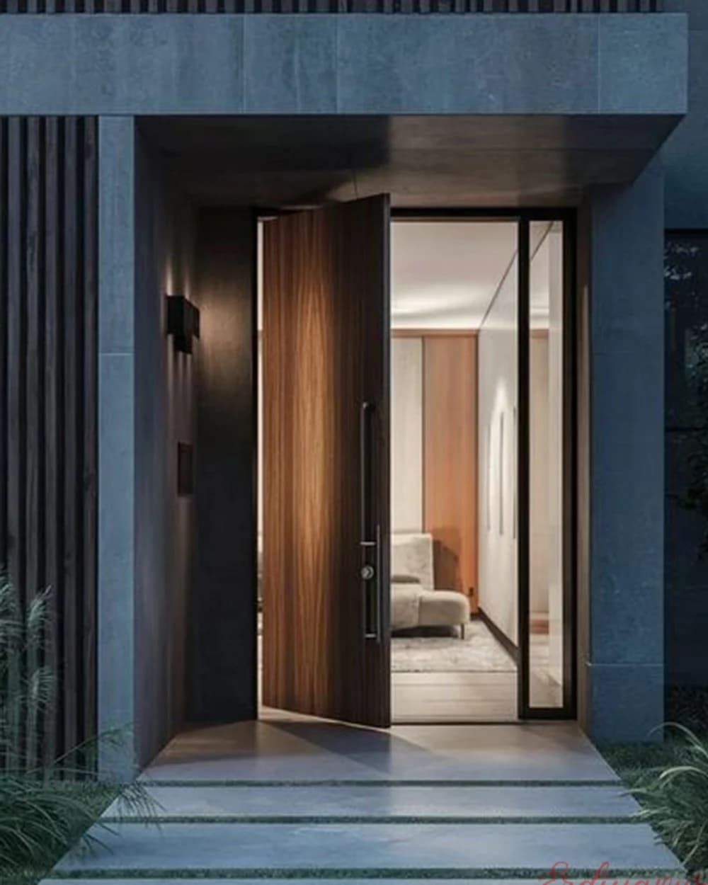 Vertical Slat Pivot Door in Black and Walnut Tones — product code BY-257