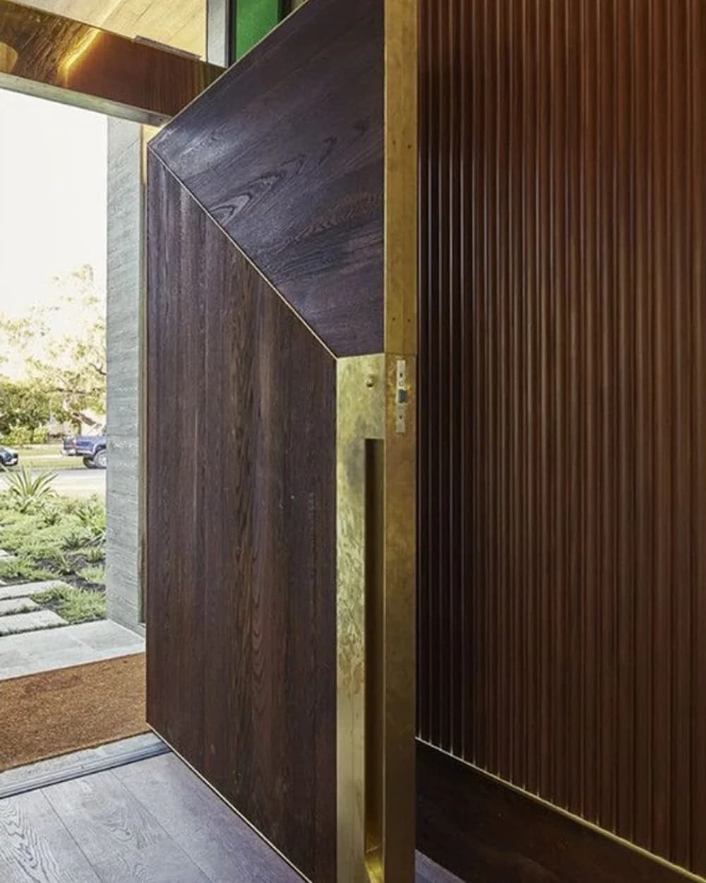 Dark Walnut Pivot Door with Vertical Slats and Gold Handle — product code BY-186