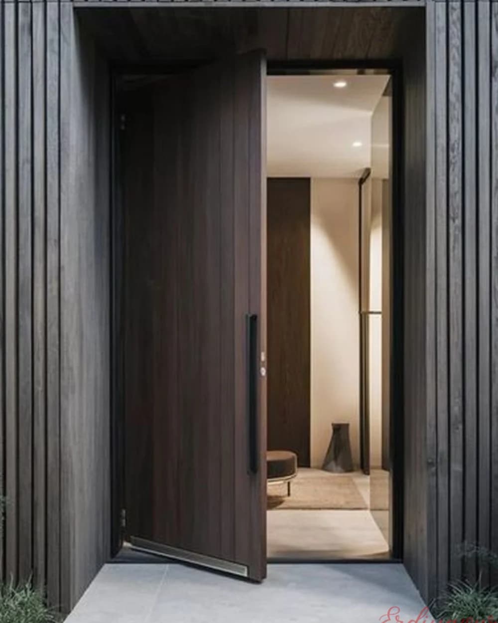 Plain Dark Walnut Pivot Door with Vertical Slats — product code BY-255