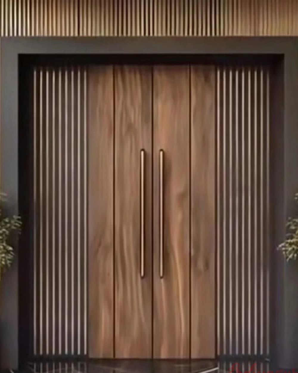 Golden Walnut Double-Leaf Pivot Door with Vertical Slats — product code BY-131