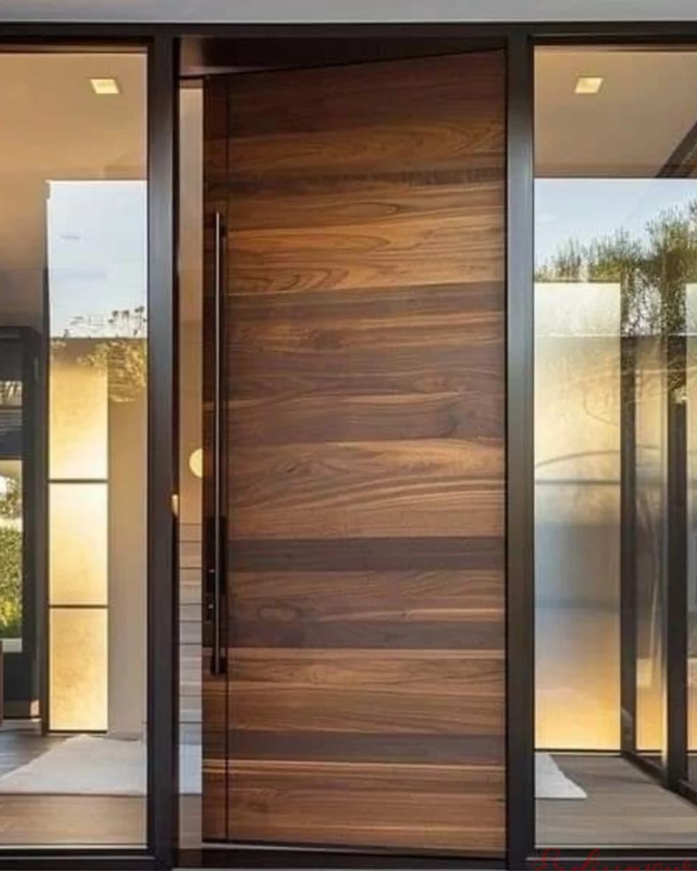 Vertical Slat Walnut Pivot Door with Sidelight — product code BY-30