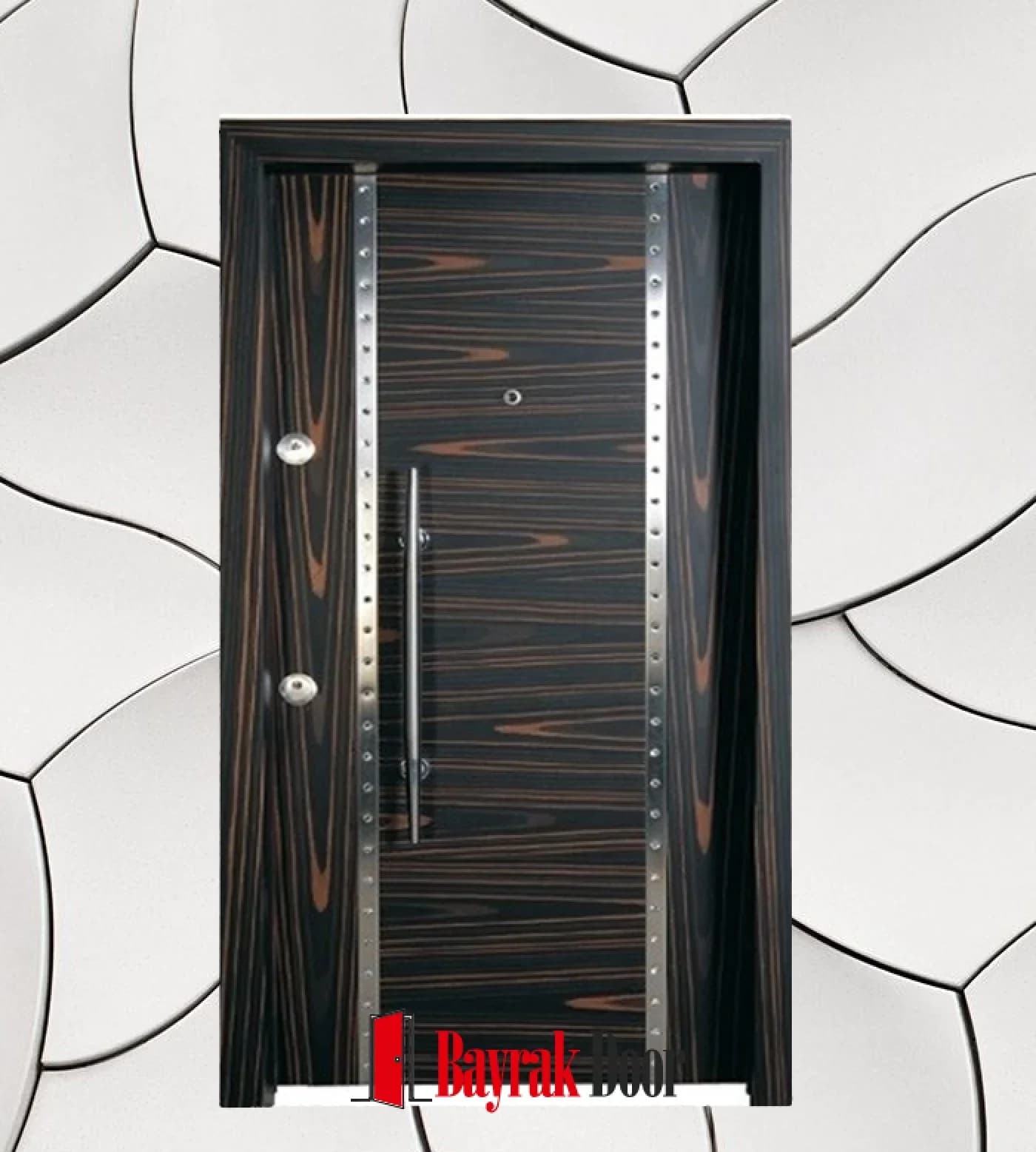 Vertical Riveted Black Zebrano Steel Door C-TR704 — Vertical stainless steel bands with rivet detailing on a black zebrano face