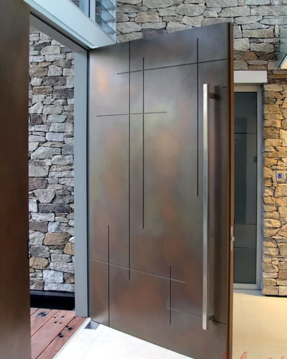 Copper Brown Wide-Leaf Pivot Door with Vertical Lines — product code BY-173