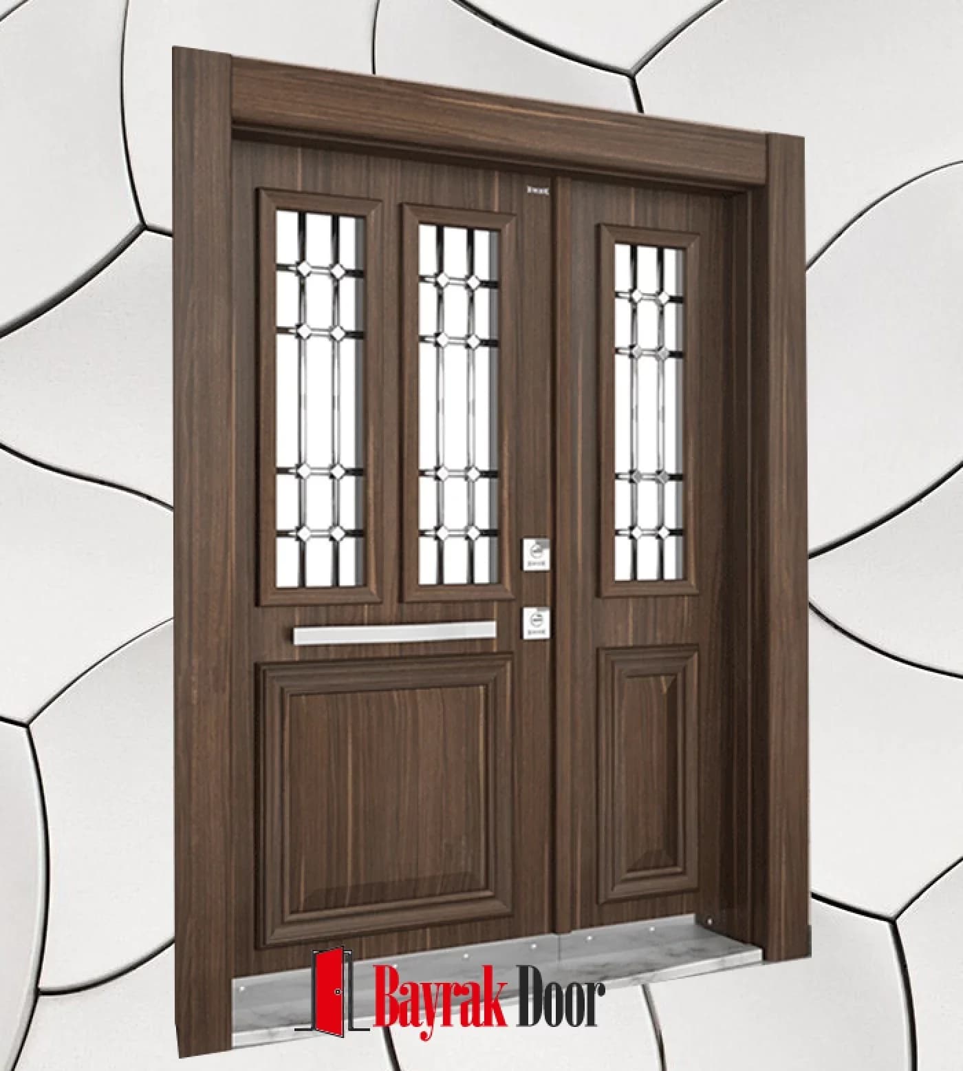 Lower Panel Walnut Villa Door BD-TR11 — Walnut double leaf with three vertical leaded stained glass panes