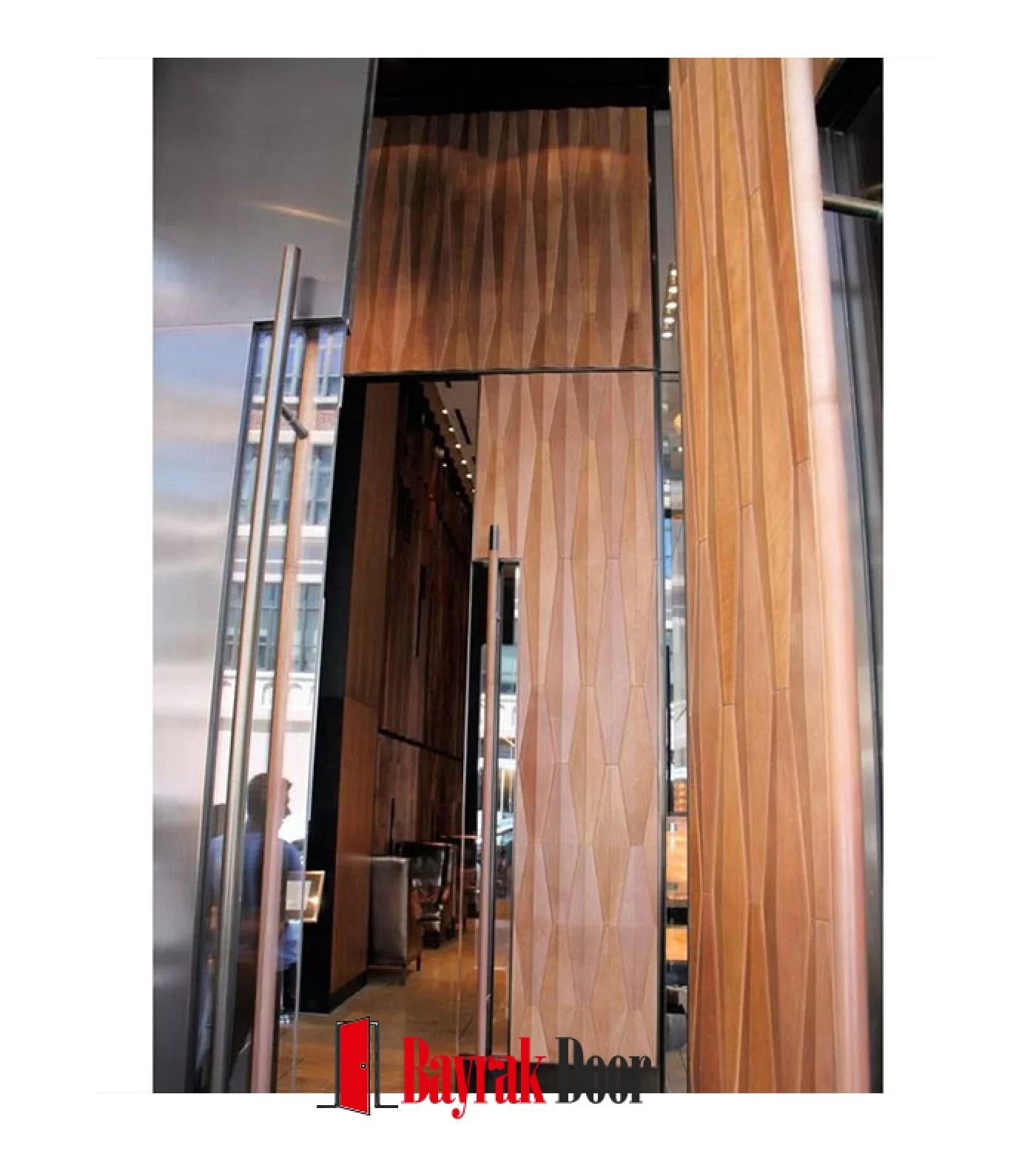 Wavy Three-Dimensional Walnut Pivot Steel Door TR333 — Pivot leaf with a rippling three-dimensional wood texture