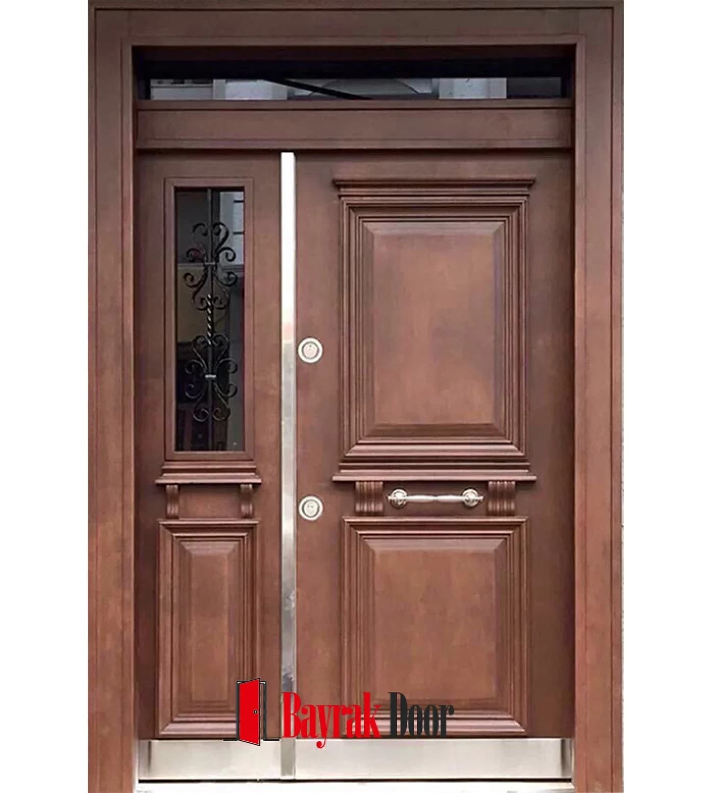 Wide Panel Dark Walnut Building Entrance Door TR534 — Dark walnut leaf with a wide panel and slim wrought iron glass alongside