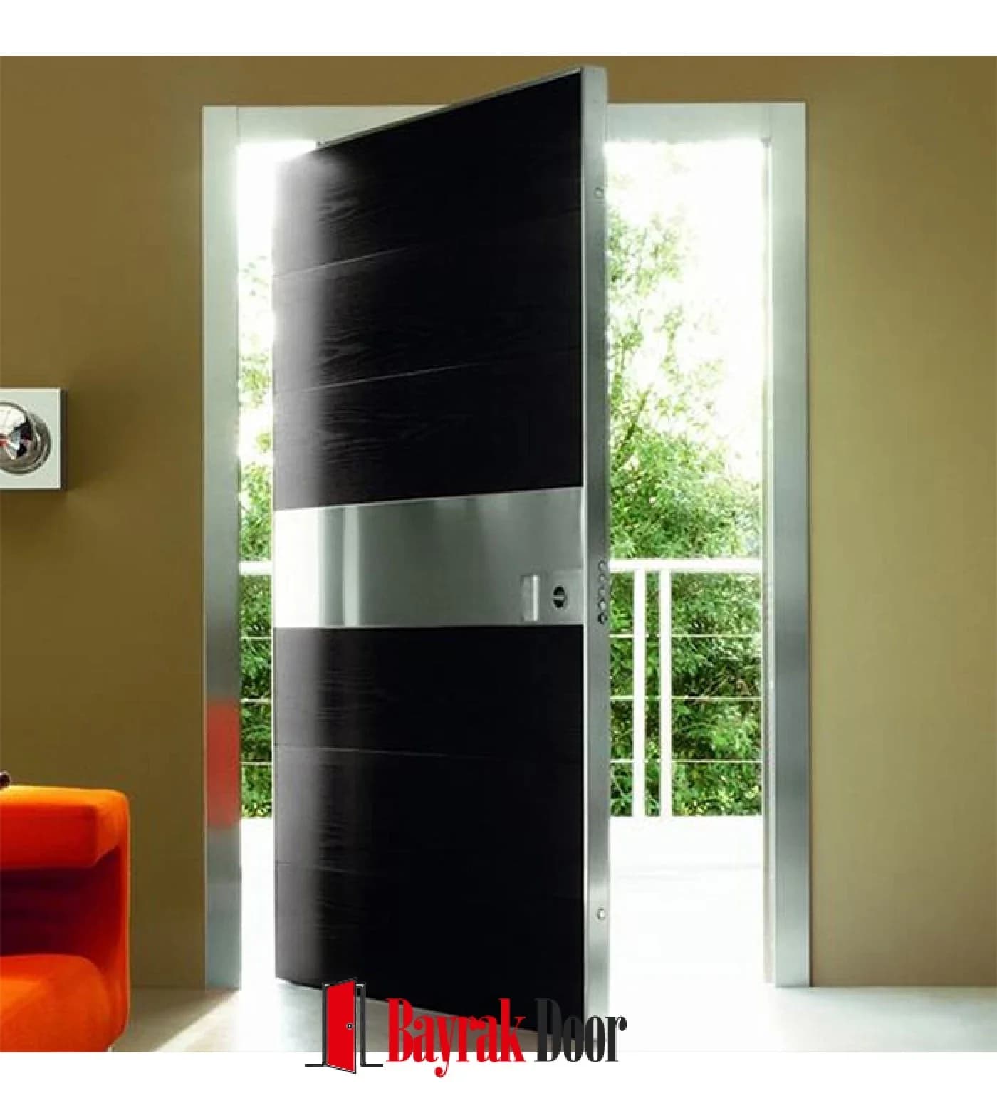 Wide Stainless Steel Black Wood Pivot Steel Door TR311 — Wide stainless steel band cutting across a black wood pivot leaf