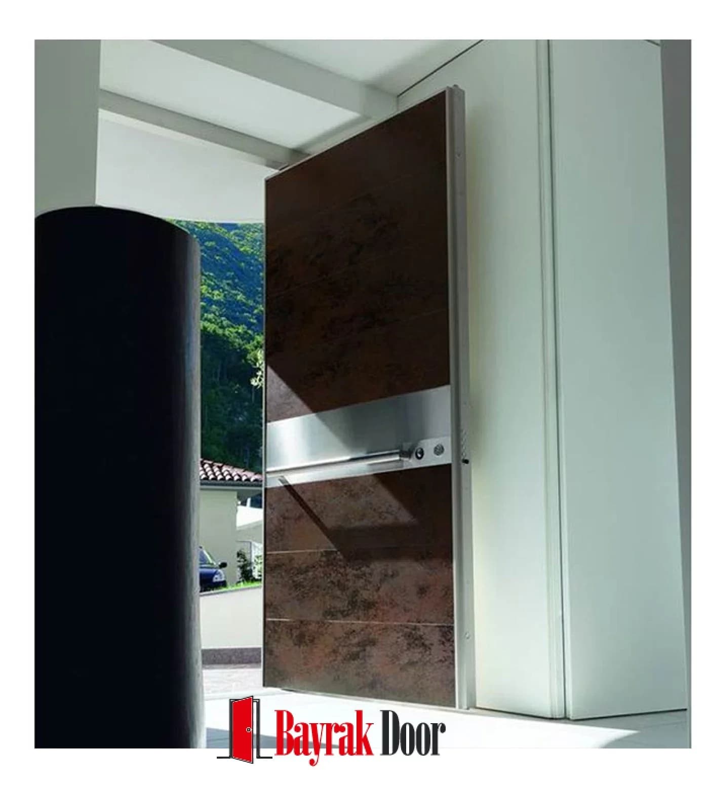 Wide Stainless Steel Dark Antiqued Metal Pivot Steel Door TR338 — Wide horizontal stainless steel band cutting across an antiqued metal surface