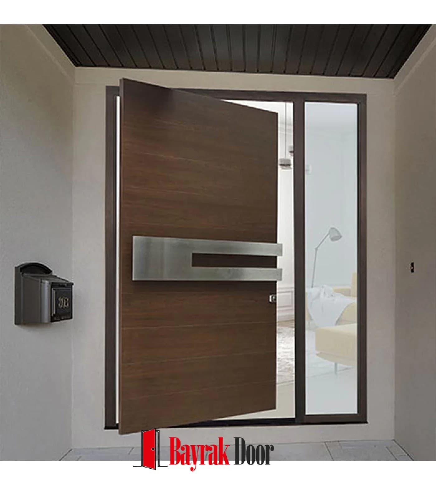 Wide Stainless Steel Walnut Pivot Steel Door TR353 — Wide horizontal stainless steel plate on a walnut pivot, with a mailbox alongside