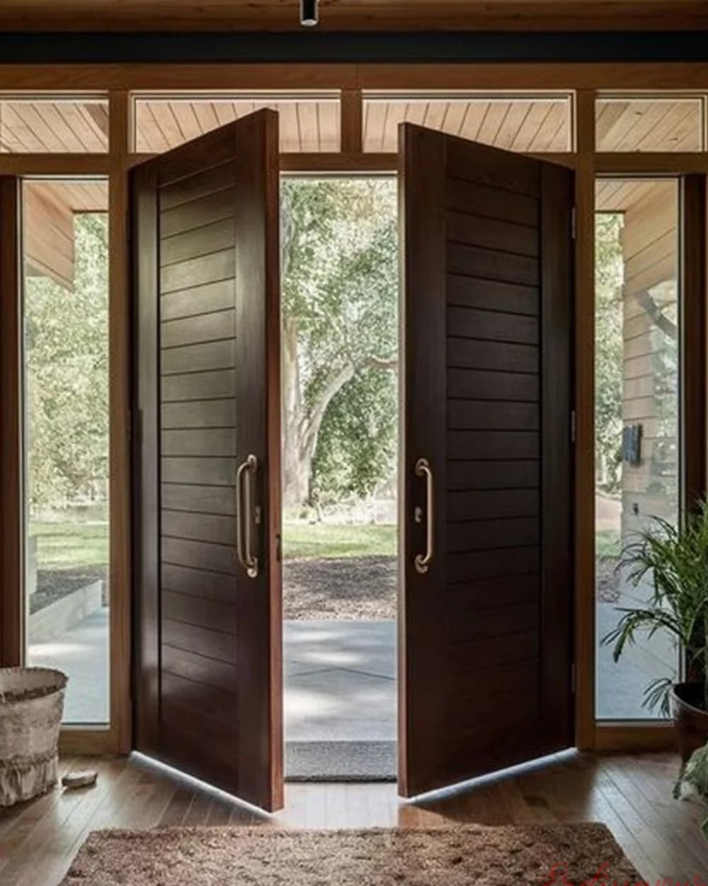 Dark Walnut Double Leaf Pivot Door with Wood Frame — product code BY-303