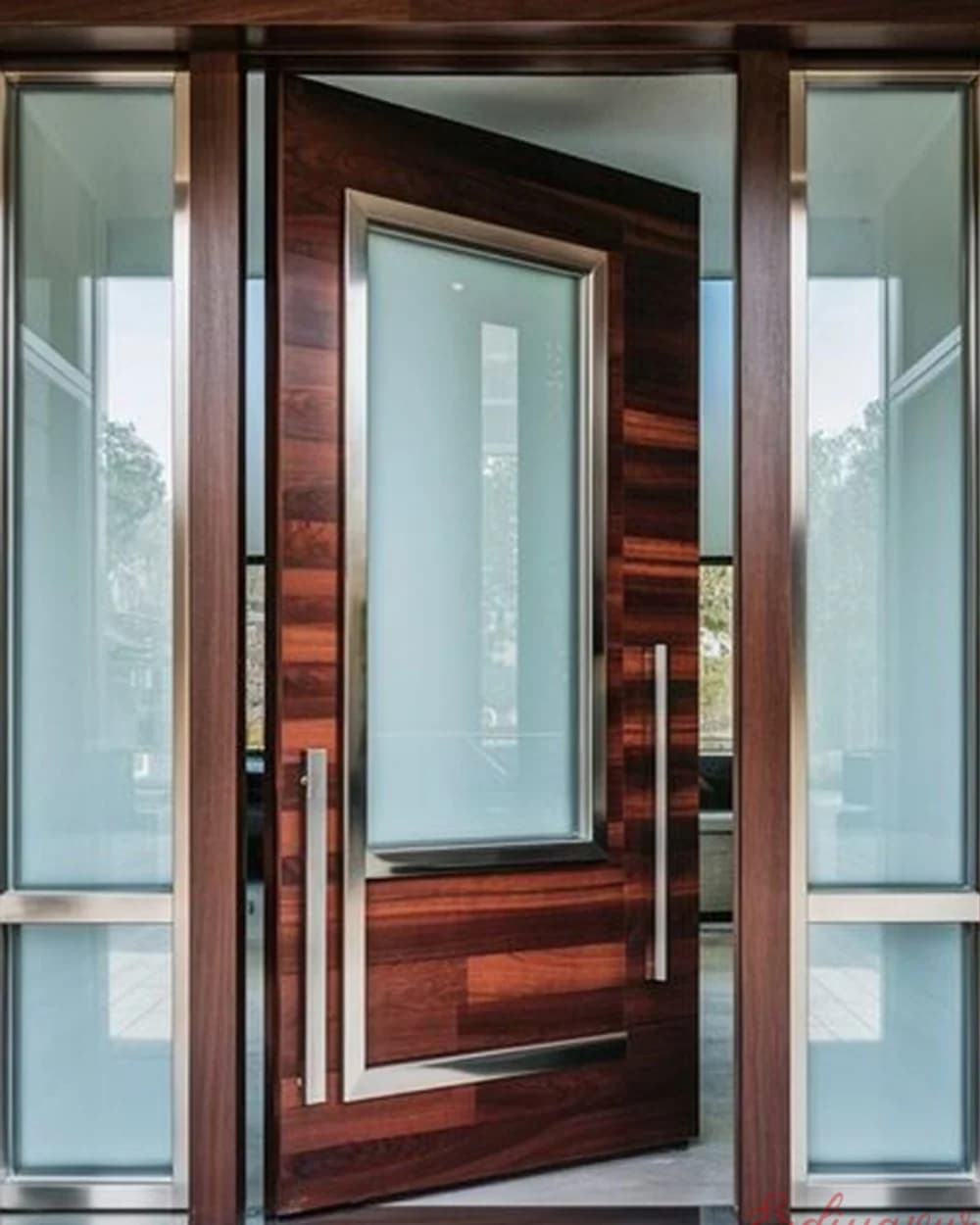 Red Walnut Glazed Pivot Villa Door with Wood Frame — product code BY-246